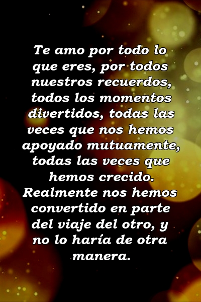 Te amo por todo lo que eres, por todos nuestros recuerdos, todos los momentos divertidos, todas las veces que nos hemos apoyado mutuamente, todas las veces que hemos crecido. Realmente nos hemos convertido en parte del viaje del otro, y no lo haría de otra manera.