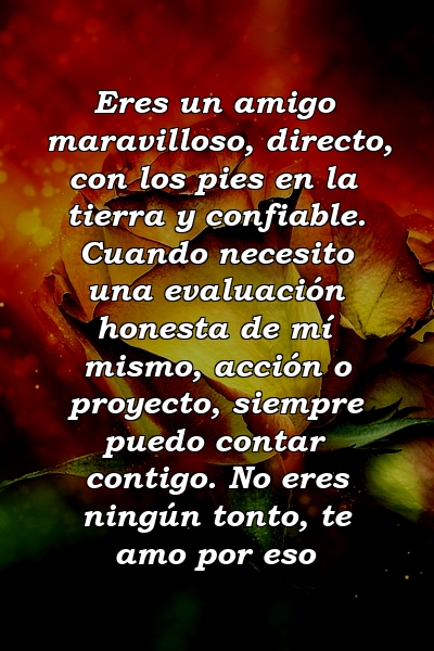 Eres un amigo maravilloso, directo, con los pies en la tierra y confiable. Cuando necesito una evaluación honesta de mí mismo, acción o proyecto, siempre puedo contar contigo. No eres ningún tonto, te amo por eso