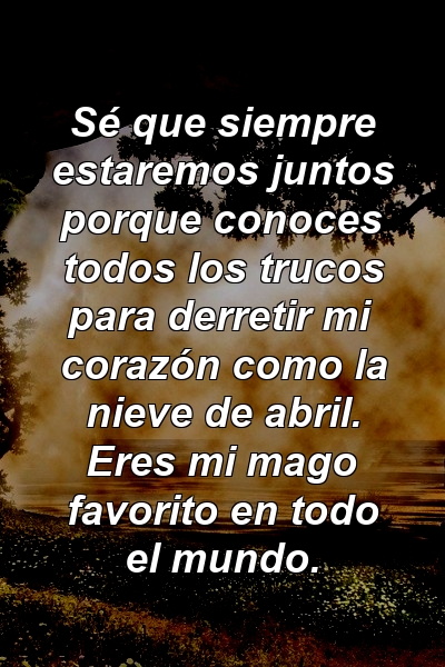 Sé que siempre estaremos juntos porque conoces todos los trucos para derretir mi corazón como la nieve de abril. Eres mi mago favorito en todo el mundo.