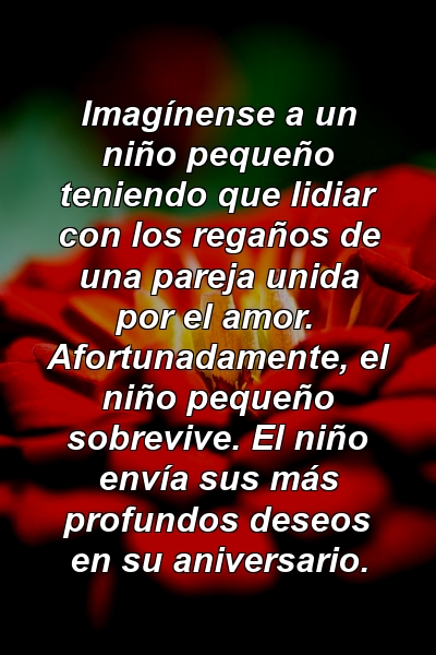 Imagínense a un niño pequeño teniendo que lidiar con los regaños de una pareja unida por el amor. Afortunadamente, el niño pequeño sobrevive. El niño envía sus más profundos deseos en su aniversario.