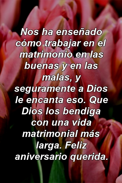 Nos ha enseñado cómo trabajar en el matrimonio en las buenas y en las malas, y seguramente a Dios le encanta eso. Que Dios los bendiga con una vida matrimonial más larga. Feliz aniversario querida.