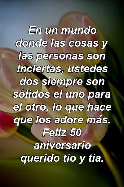 En un mundo donde las cosas y las personas son inciertas, ustedes dos siempre son sólidos el uno para el otro, lo que hace que los adore más. Feliz 50 aniversario querido tío y tía.