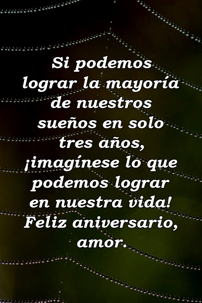 Si podemos lograr la mayoría de nuestros sueños en solo tres años, ¡imagínese lo que podemos lograr en nuestra vida! Feliz aniversario, amor.