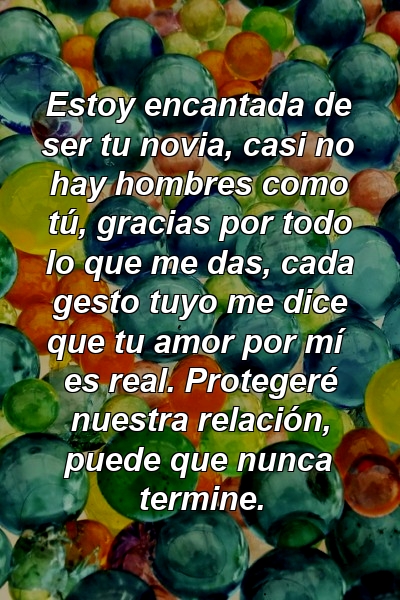 Estoy encantada de ser tu novia, casi no hay hombres como tú, gracias por todo lo que me das, cada gesto tuyo me dice que tu amor por mí es real. Protegeré nuestra relación, puede que nunca termine.